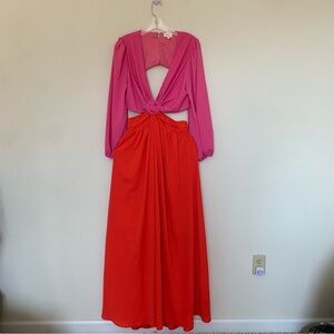Pink & Red Two-Piece Maxi Dress with Twist Front Large Cutout Flowy Feminine
